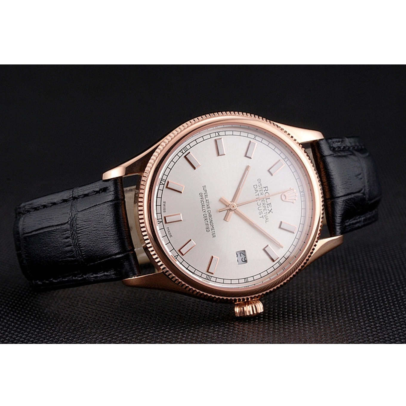 Aaa fake watches Black Datejust Gold Strap Swiss Rose Dial Leather Rolex Case White 0728